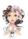 A beautiful girl`s face with curly hair decorated with flowers and butterflies showing heart with her hands in lines.